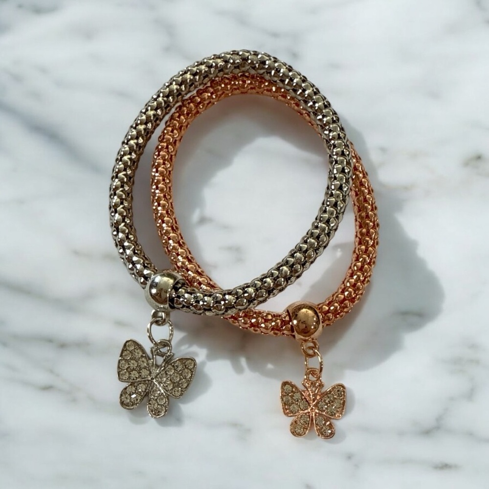 Elegant Stretch Bracelet Set - Rose Gold & Silver Butterfly Charms